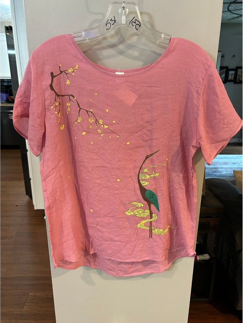 Pink Two-Piece Set with Crane and Floral Embroidery, Size XL